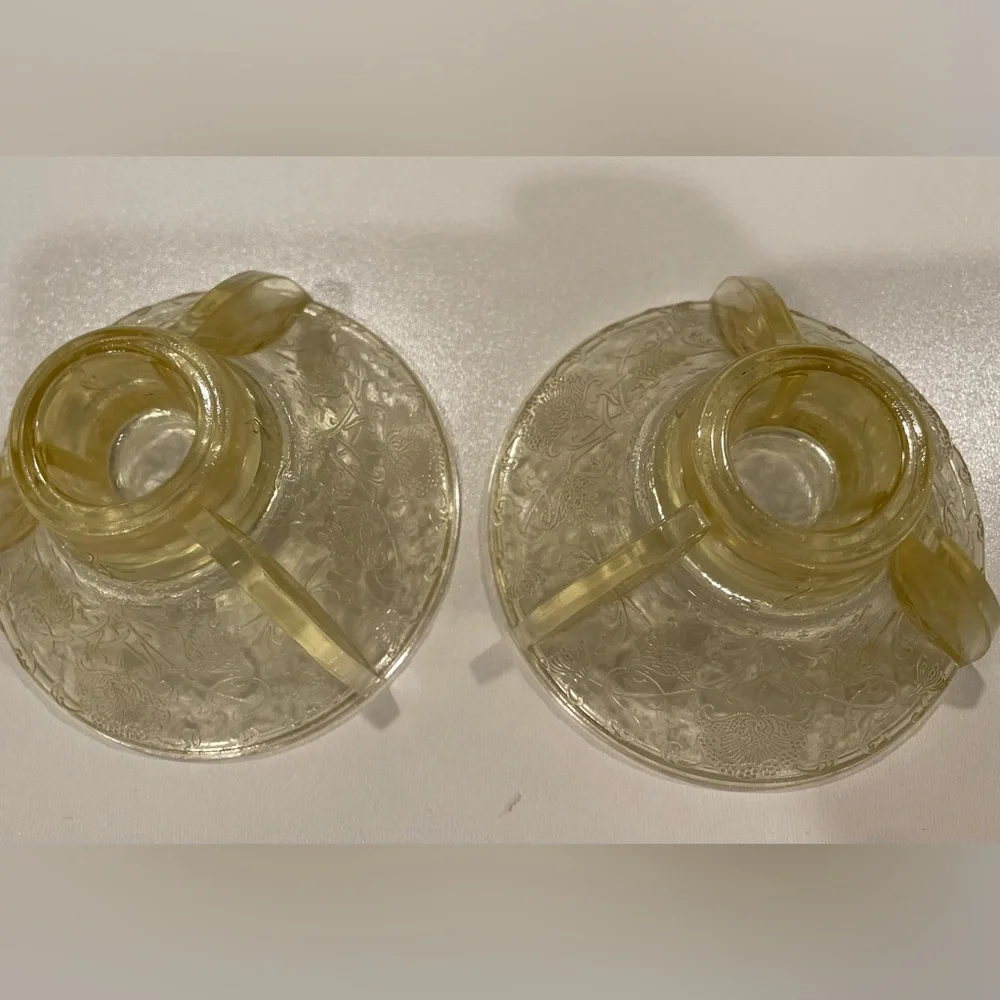Pair (2) Hazel Atlas Candlestick Holders Yellow “Poppy” Depression Glass | EUC